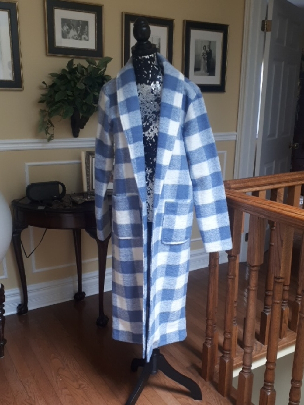 Tahari Wool Blend Blue and White Plaid Long Open-Front Trench Coat